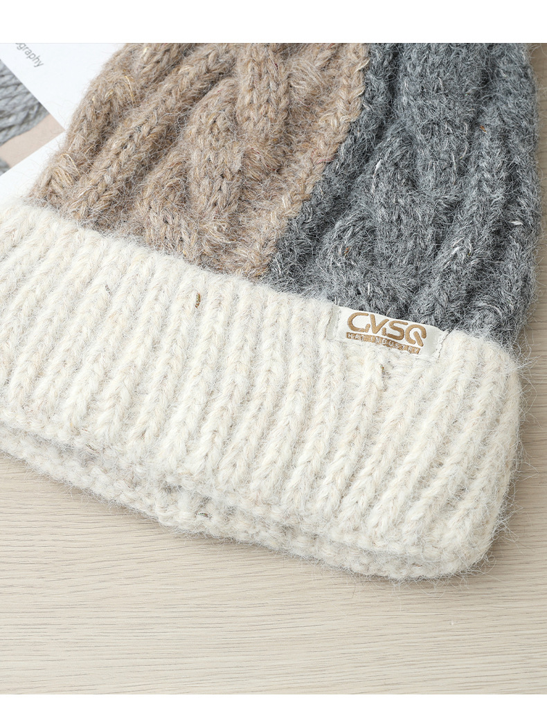 Fashion Versatile Color Block Pom Knitted Autumn Winter Outdoor Fleece Lined Thickened Warm Artistic Retro Pullover Hat_voghion.com