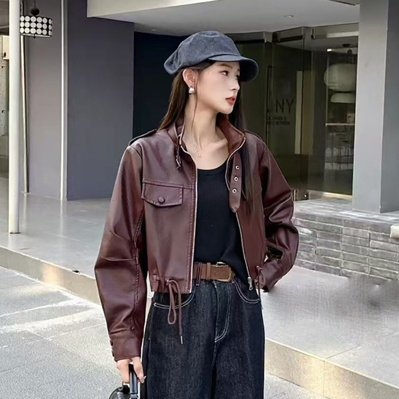 高级感时尚短款酒红色皮衣外套女初秋新款设计感抽绳口袋工装夹克|undefined