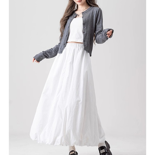 French white fluffy flower bud skirt for women's spring new elastic waist loose slimming A-line long dress