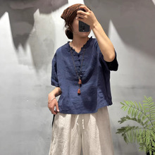 2025 夏季新款复古风 亚麻衬衫 盘扣文艺气质款短袖上衣女
