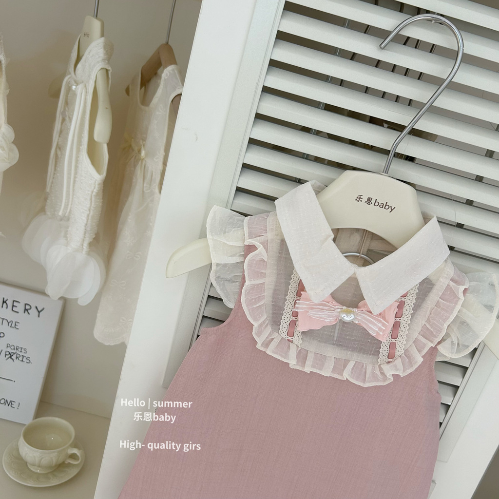 [Le En baby] Vestido de chaleco rosa de nuevo estilo de verano para niñas Vestido de malla de encaje de estilo occidental para bebés Xiaoxiang