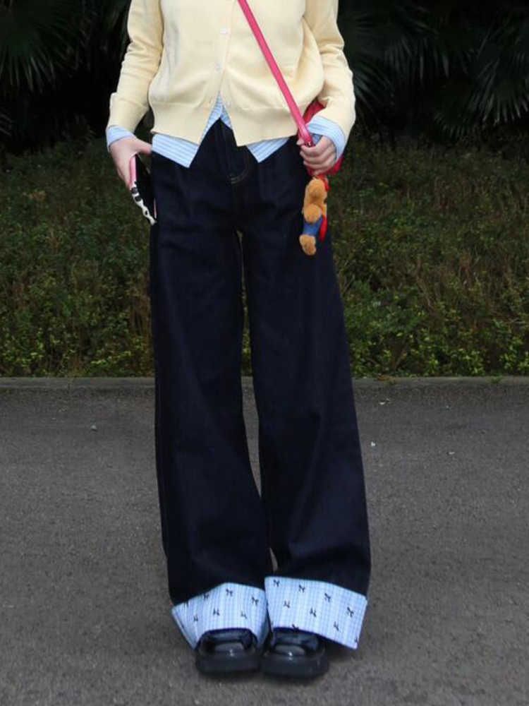 Shanli Dadi 여성용 다크 블루 레트로 커프 스플 라이스 와이드 레그 청바지 플러스 사이즈 지방 mm 하이 웨이스트 슬리밍 스트레이트 바닥