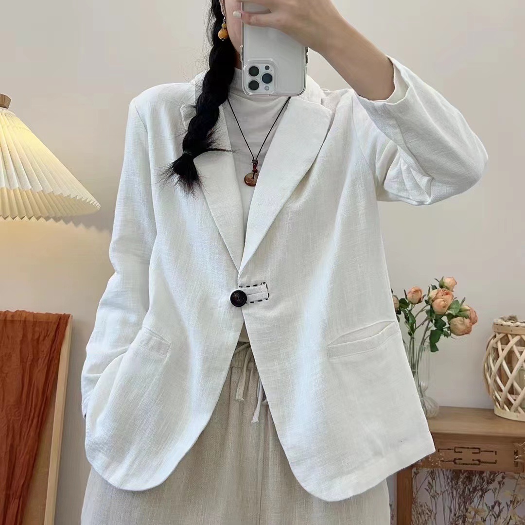 一粒扣春季亚麻百搭气质文艺范复古风女式上衣宽松长袖小众小西装
