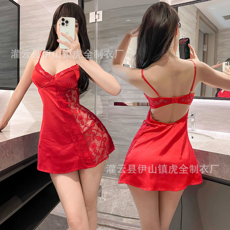 European and American plus size New Sexy Red Lace Sling Nightdress Slim-fit Perspective Pajamas Couples Wedding Fun 9793