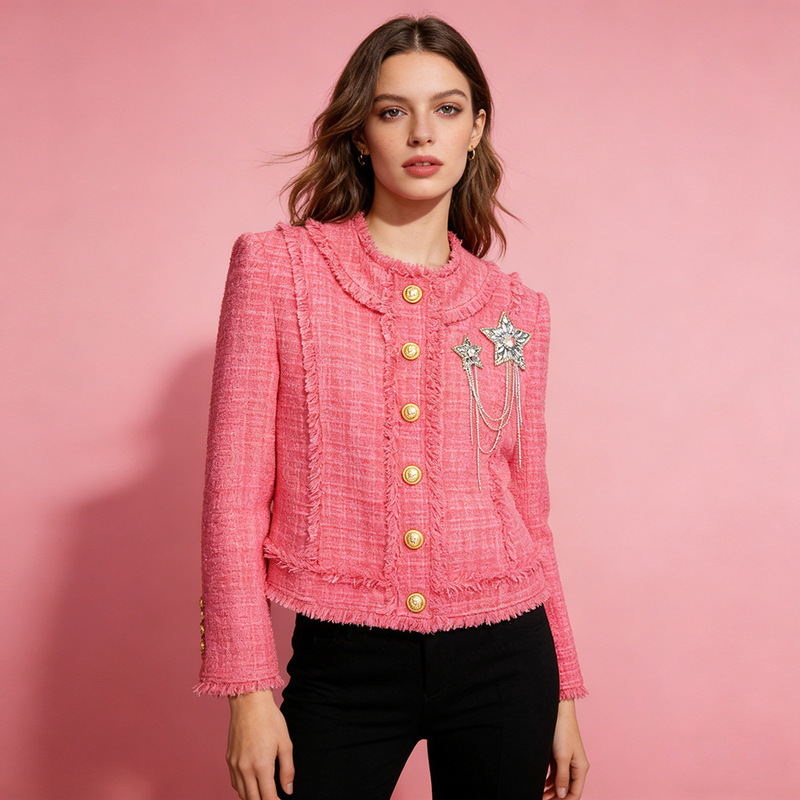 2026 Spring New Women's Fashion European and American Celebrity Style Beaded Badge Fringed Tweed Wool Jacket