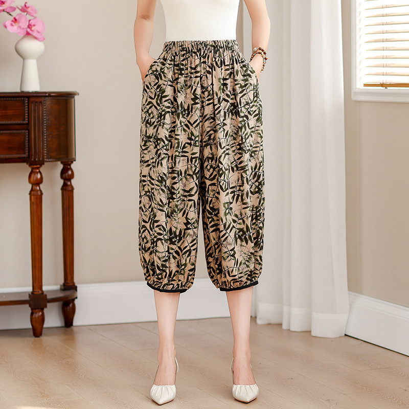 Lantern Pants Summer Thin Cotton Silk Cropped Casual Pants 2026 Large Size Loose Harem Pants High-Waisted Floral Pants