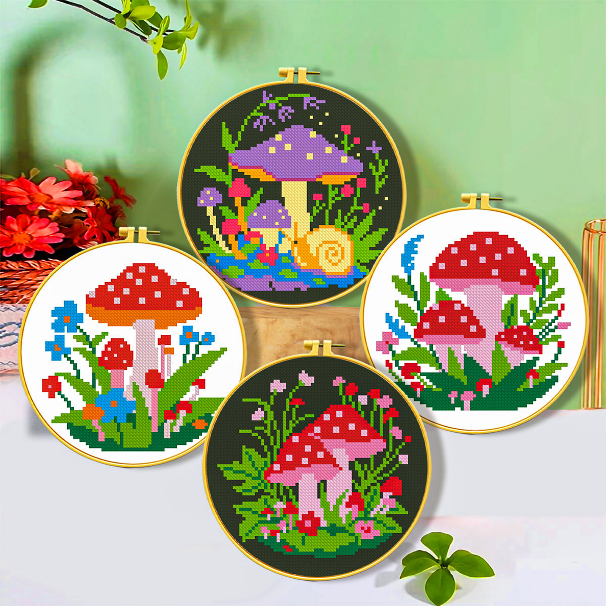 Artículos pequeños de punto de cruz para comercio exterior, serie de hongos de primavera, impresión precisa de alta definición, plantas lindas, bordado hecho a mano para niños