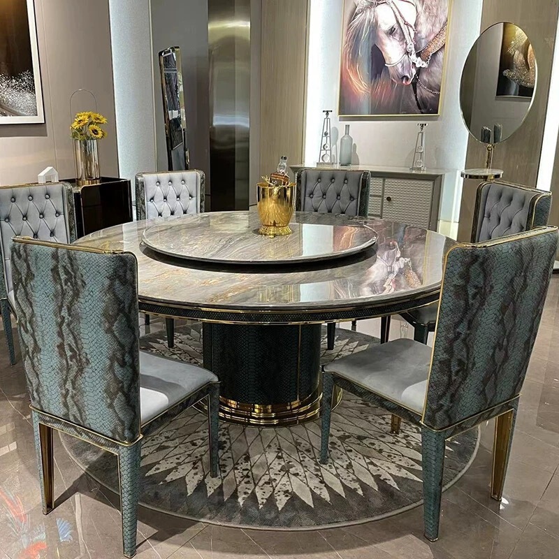 Italian-Style Light Luxury Blue Gold Sand Marble Dining Table, Villa Luxury Dining Room Table and Chair Set, Home-Use Stainless Steel Round Table