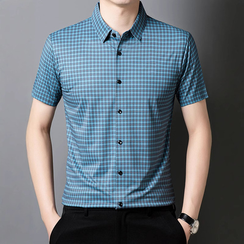 Men's Summer Short-Sleeve Checkered Digital Print Elastic Shirt Fashion Iron-Free Half-Shirt
