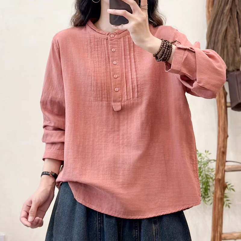 日韩春秋双层棉纱休闲长袖衬衫木耳领宽松棉质宽松大码女装衬衣|undefined