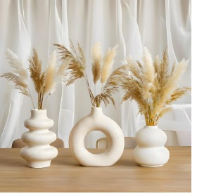 Jarrones Decorativos de Cerámica, Juego de 3 Piezas, Porcelana Blanca, Diseño Geométrico, para Decoración del Hogar