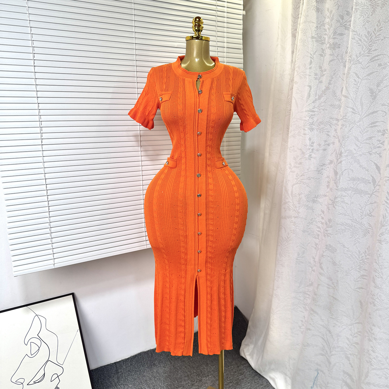 Women's European American Style Knitted Dress Simple Elegant Summer Single-Breasted Hollow out Slim Fit Temperament Long Dress_ecoleips.com