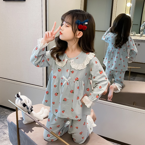 Children's Long Sleeve Sleepwear Girls' Cotton Home Wear Set Autumn Medium and Large Children's Little Girl Spring and Autumn Cartoon Air Conditioning Suit 
