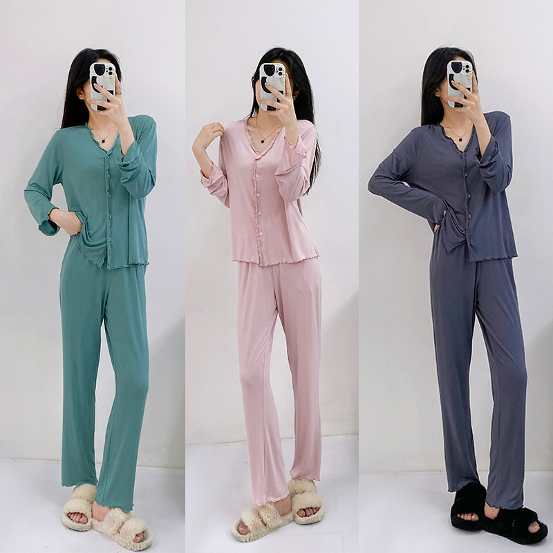 2023 autumn and winter New modal long-sleeved wooden ear pajamas suit cardigan plus size thin home wear four seasons