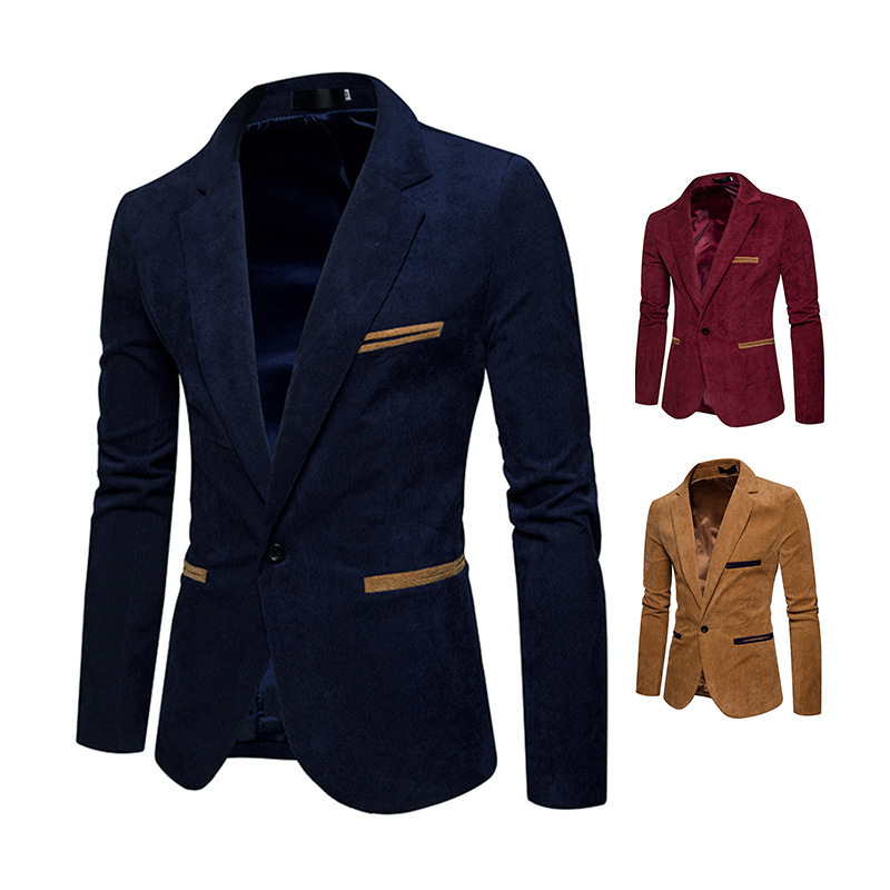 Amazon cross-border 22 spring and autumn fashion Men's corduroy suit jacket men's casual color matching jacket small suit