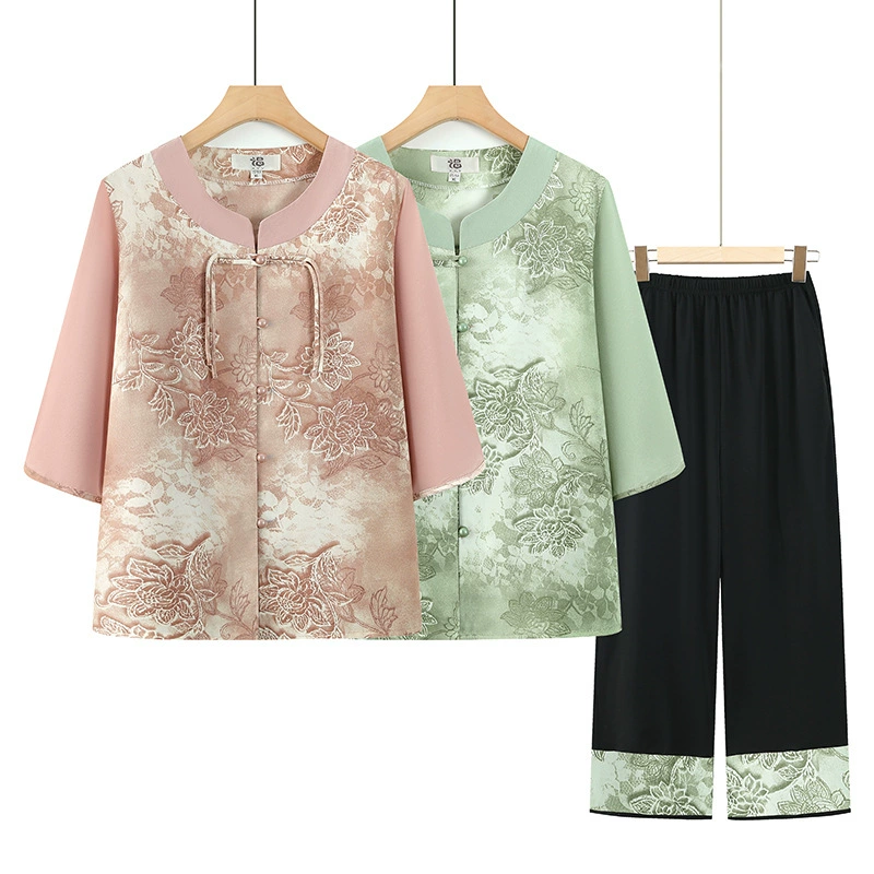 Летний костюм для пожилой бабушки, новый стиль, рубашка для мамы среднего и пожилого возраста, с короткими рукавами три четверти, модная одежда для пожилых людей и дам.