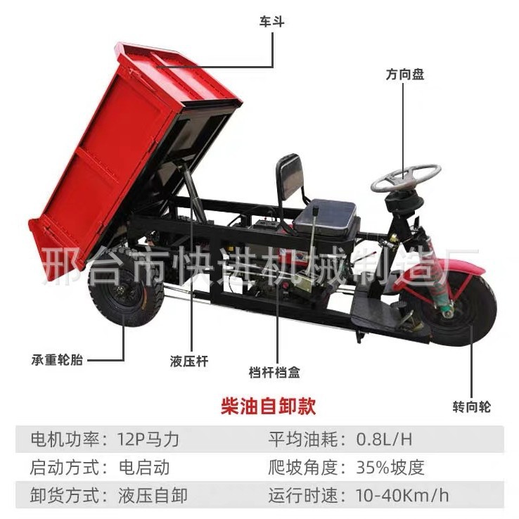 Sitio de construcción de ingeniería de construcción triciclo diesel eléctrico hidráulico camión volquete para tirar de carga agrícola caminillo de montaña pesado rey