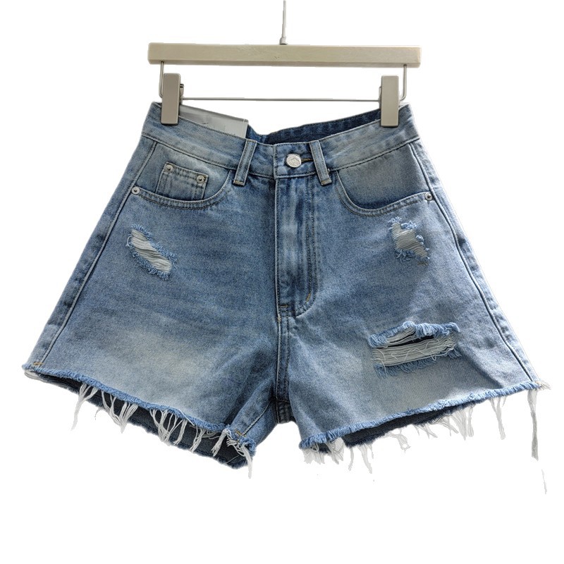 Pantalones Cortos de Mezclilla de Tiro Alto con Agujeros para Uso Casual