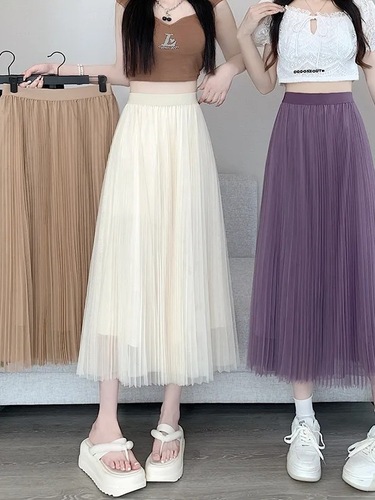 Drop-shoulder Mesh Half-length Skirt for Women 2025 Spring and Autumn Double-layer Pleated Word Skirt High-waisted Slimming Lightweight Mesh Skirt