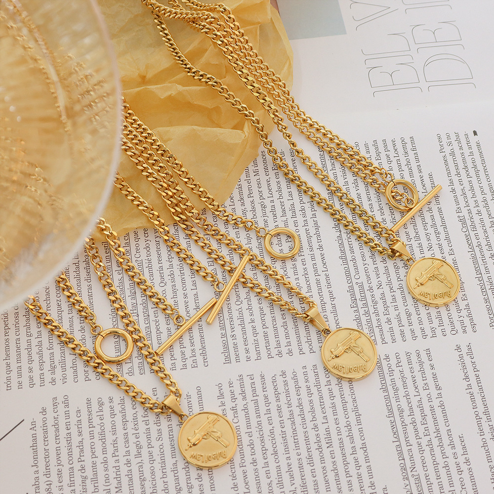 exaggerated thick chain otbuckle round brand gun shape pendant double stacked titanium steel gold necklace_voghion.com