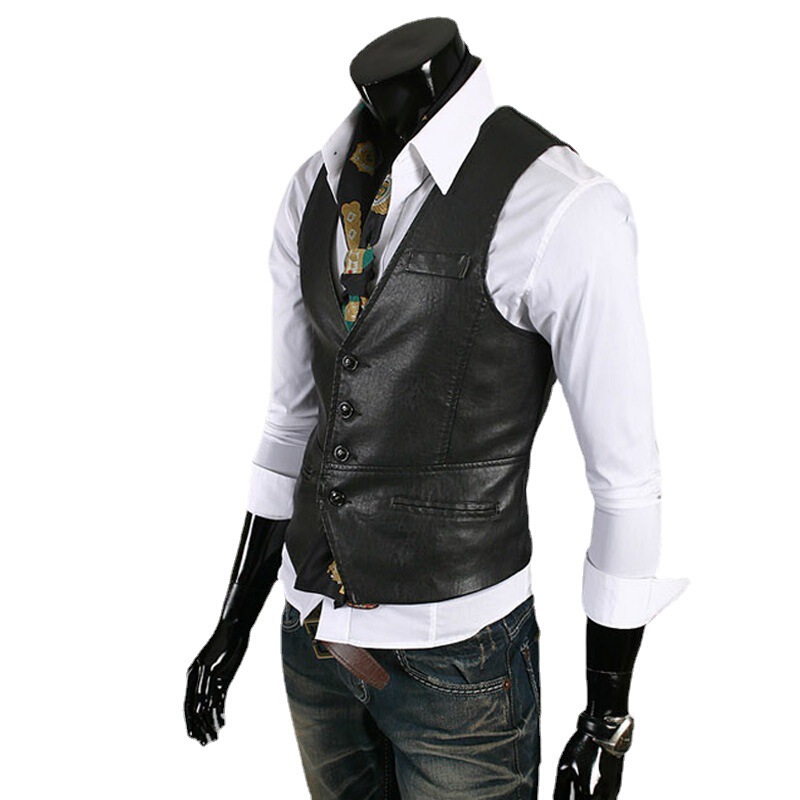 Foreign Trade Men's Large Size 7XL Casual Fashion with PU Vest Leather Vest Men's Leather Slim Fit Clothes 6376
