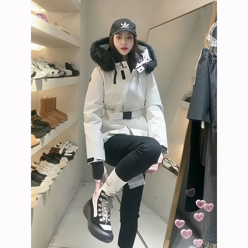 气质大毛领连帽系带收腰羽绒服女2025冬季新超好看白鸭绒外套|undefined