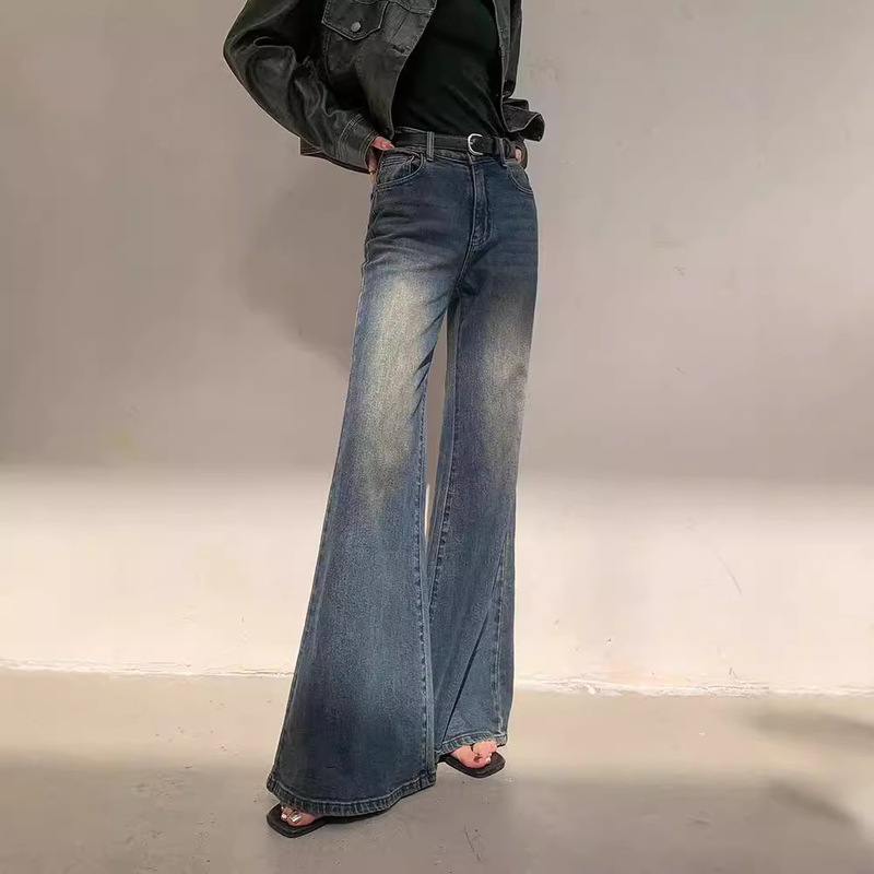 Vintage Washed Blue Jeans for Women 2024 Early Autumn High Waist Slimming Flared Floor-Length Wide-Leg Pants Commuter Style