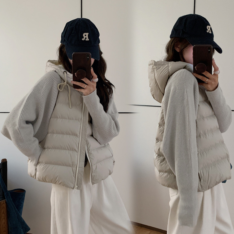 轻薄针织拼接棉服女短款连帽韩版2025冬季新款韩版棉衣棉袄外套|undefined