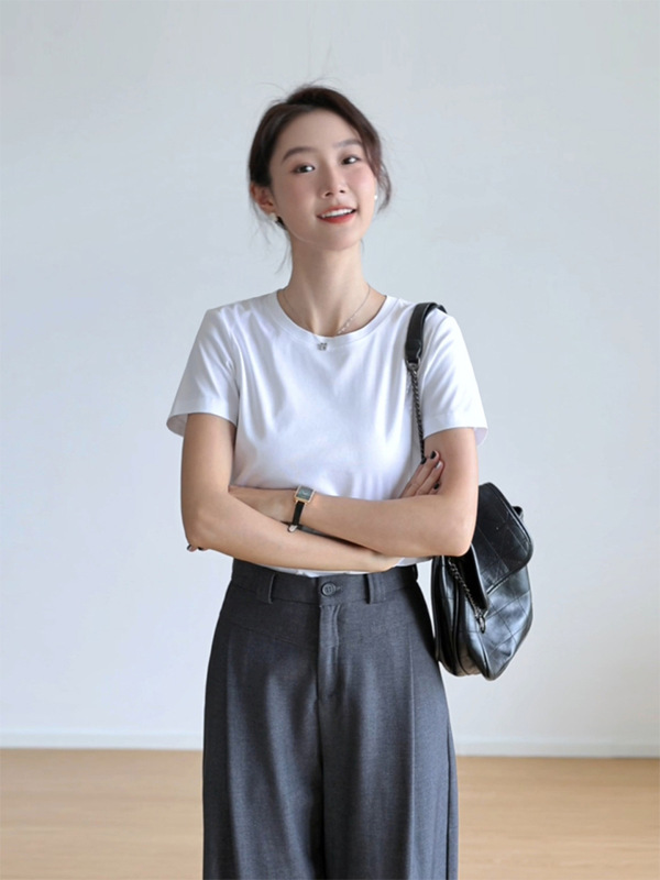 简约通勤丝光棉T恤女短袖高级感100%棉气质修身纯色圆领打底上衣|undefined