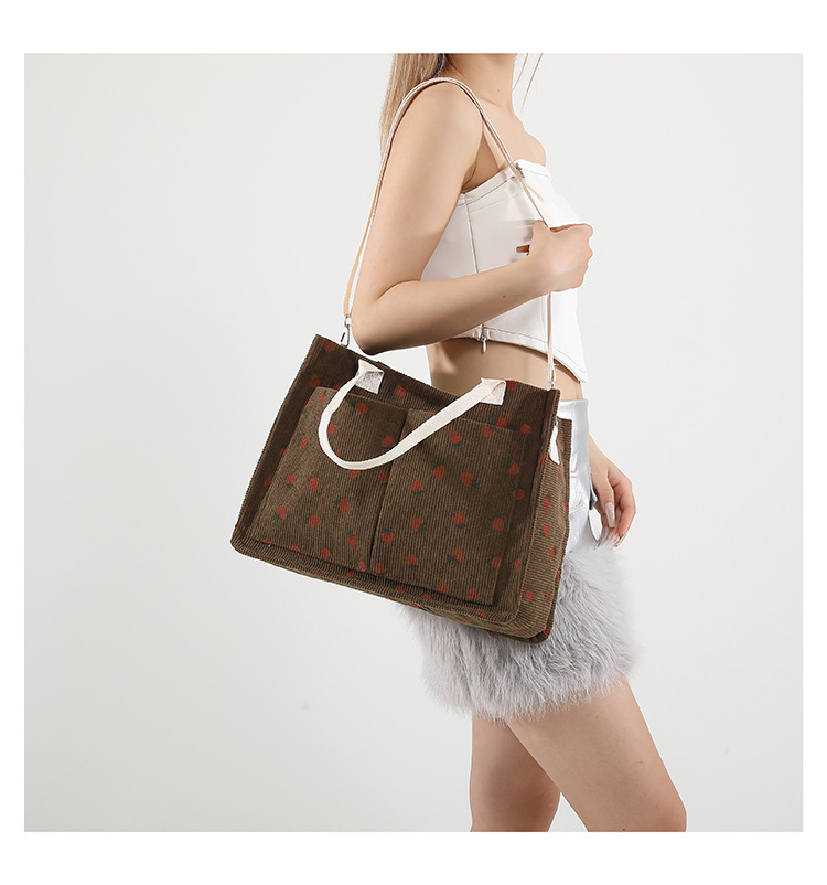 300g Weight Polyester Lining Material Zipper Closure Type Single Shoulder Strap Strap Type Tote Bag Bags Type Casual, School Occasion Corduroy Material Solid Color, Strawberry Pattern All Seasons Season Women's Gender Basic, Classic Style Style Square Shape Large Size Women's Large Corduroy Solid Color Strawberry Basic Classic Style Square Zipper Tote Bag 15