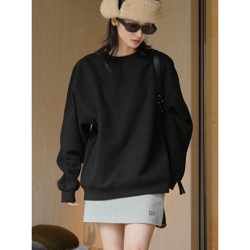 Winter New Korean Dongdaemun Simple Casual Velvet Pullover Sweatshirt Loose Thickeneded Warm Top for Women