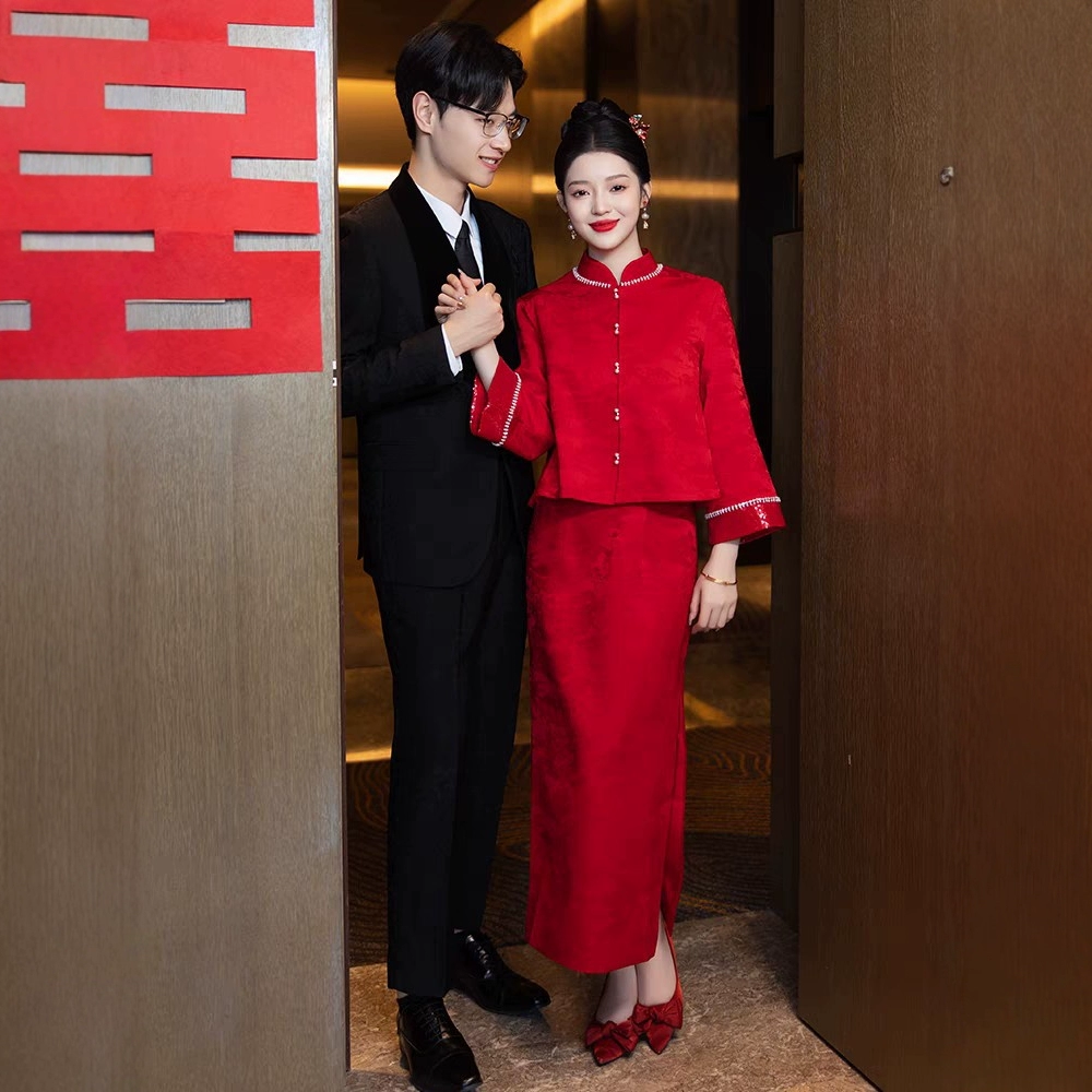 Красный новый китайский костюм Cheongsam новый китайский свадебный костюм