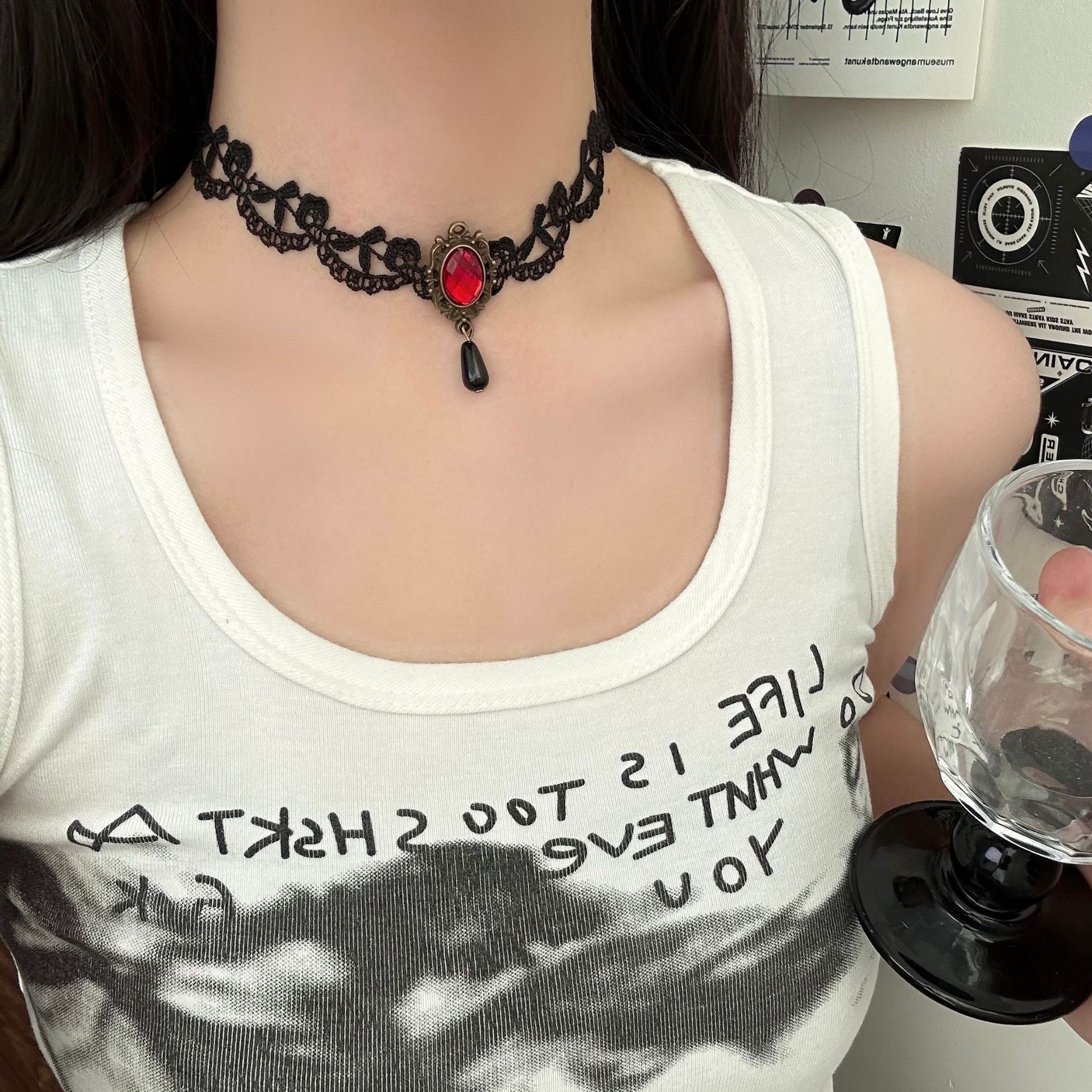 European and American Cross-Border Black Lace Retro Pearl Ruby Rhinestone Short Necklace Clavicle Chain Cos Gothic Lolita