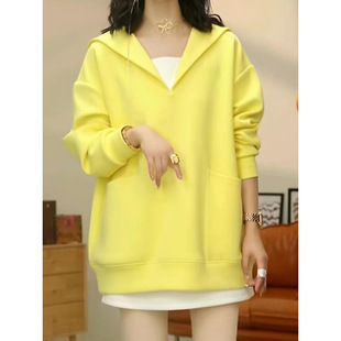 Yellow Mid-length Hooded Pullover Sweat Women's Spring New Fashionable Casual Korean Style Loose Slimming High-end Top