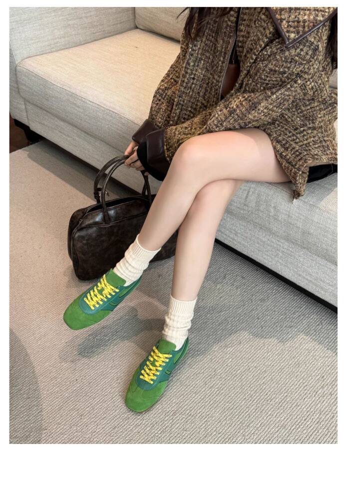 Giày sneaker nữ da thật cổ thấp dáng cổ điển buộc dây phối màu — Bạc, màu nâu, màu xanh lá cây, màu đỏ chi tiết 14