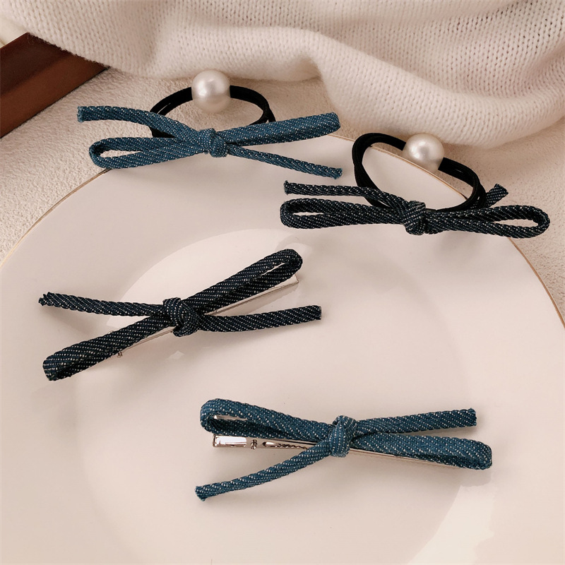 Jeans azul arco anillo de cabello de perla cabeza cuerda de cabello de cola de caballo chica detrás de la cabeza accesorios para el cabello de banda de goma