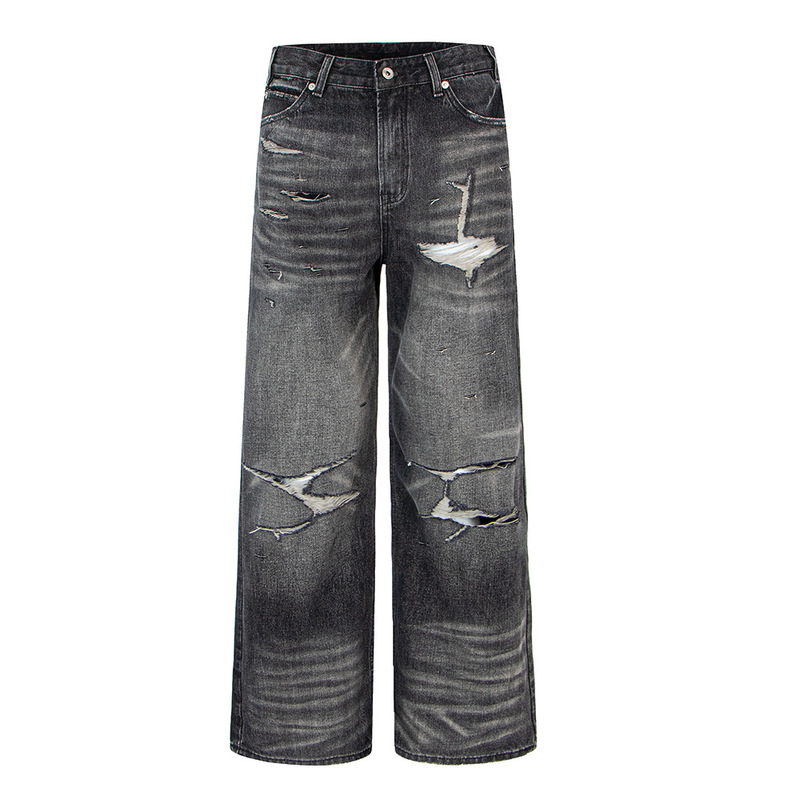 Vintage Distressed Washed Ripped Straight-Leg A-Line Casual Jeans with a Loose Fit