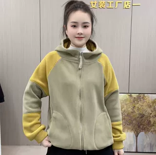 休闲百搭双面澳粒绒减龄加绒撞色连帽秋冬新款时尚拼色外套