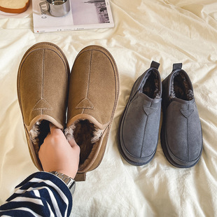 2962 Snow Boots Autumn and Winter New Thickened and Fleece-Lined Warm Slip-On Cotton Shoes British Style Cowhide Winter Low-Top Men's Shoes