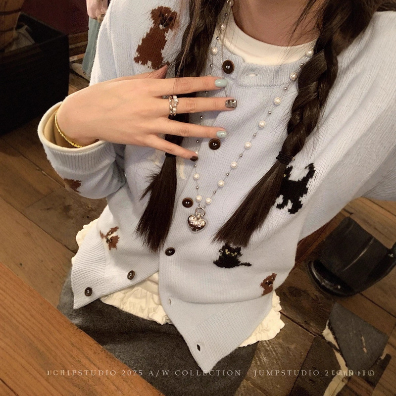 100% Sheep Wool Stereo Jacquard Cartoon Round Neck Knitted Cardigan for Women Winter Slimming Look Age-Reducing Versatile Sweater Jacket