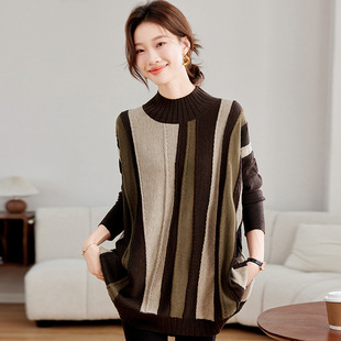 plus size Knitted Sweater Women's Top Autumn and Winter chubby girl Bat-Sleeved Half-High Neck Straight Striped Slim Sweater Mid-Length Sweater