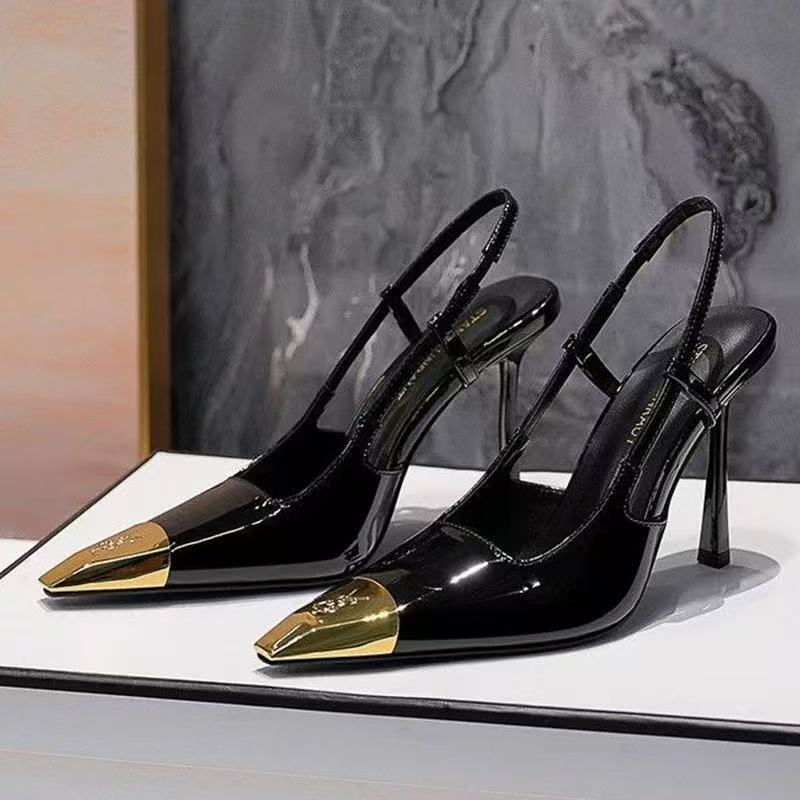 Black Sexy Royal Sister Style Golden Metal Iron-toe Stiletto Sandals Women's 2025 Spring and Autumn Patent Leather High-heeled Shoes