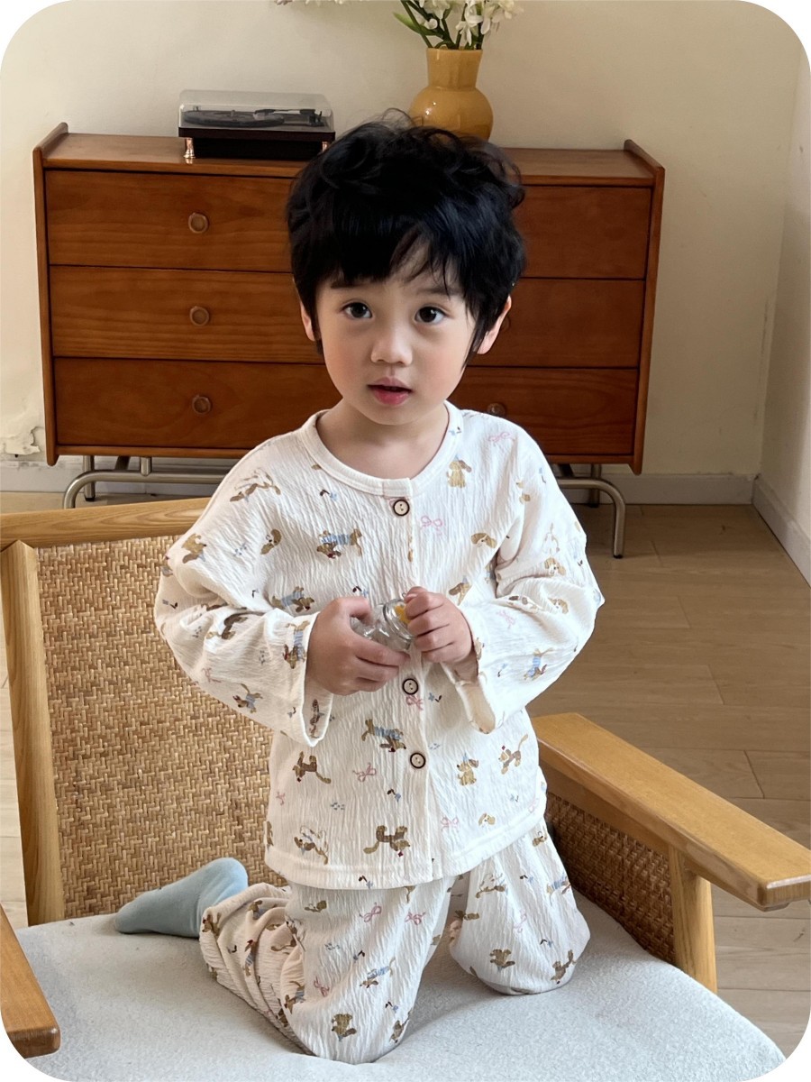 Cardigan de primavera para niños, set de algodón elástico coreano lindo ropa de aire acondicionado, pijamas de encaje, ropa para el hogar para bebés