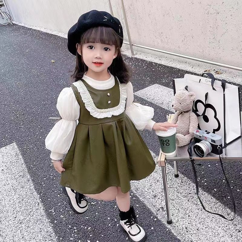 女童春秋季新款韩版休闲泡泡袖套装宝宝洋气马甲秋季长袖裙子套装