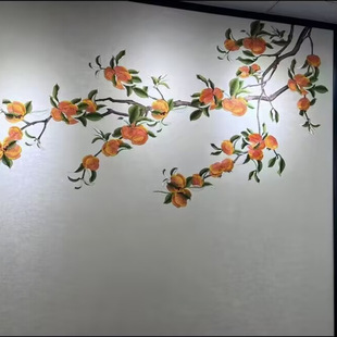 Unique Embroidered Pomegranate Seamless Wall Covering with Abundant Fruits, Persimmon Living Room Tv Sofa Background Wall Covering, New Chinese Style