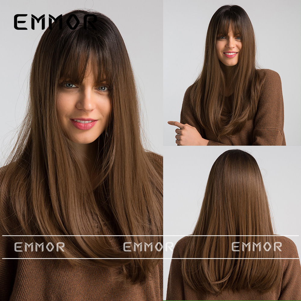 Moda europea y americana nueva pelo largo flequillo recto de aire suministro transfronterizo directo de fábrica peluca cubierta de la cabeza completa pelucas femeninas