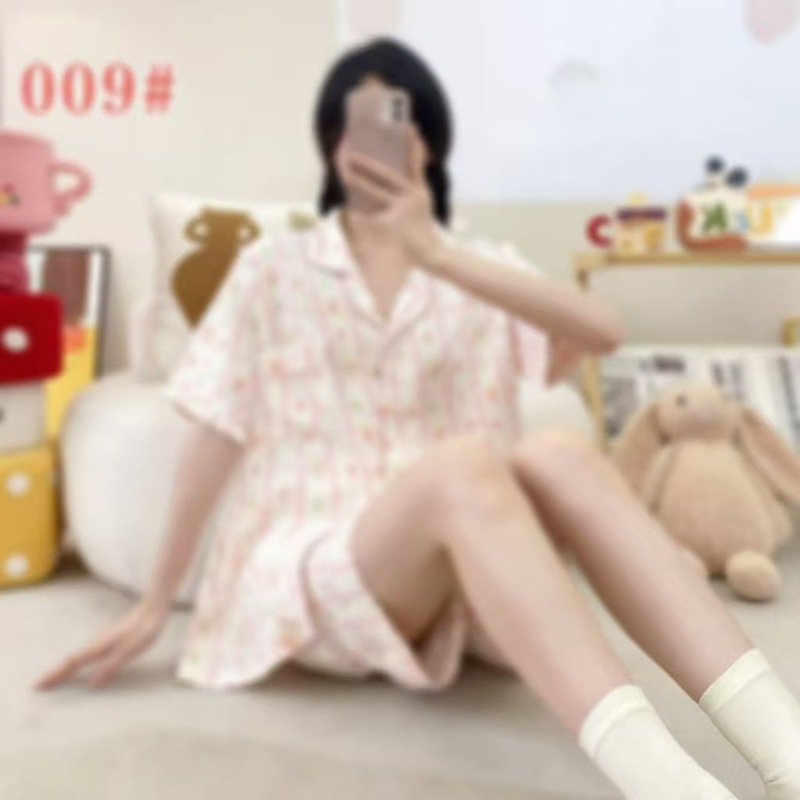 クラウドコットンパジャマ女性の夏の半袖ショーツカーディガンラペルルーズ外国貿易ライブブロードキャストルーズクロスボーダーホーム服|undefined