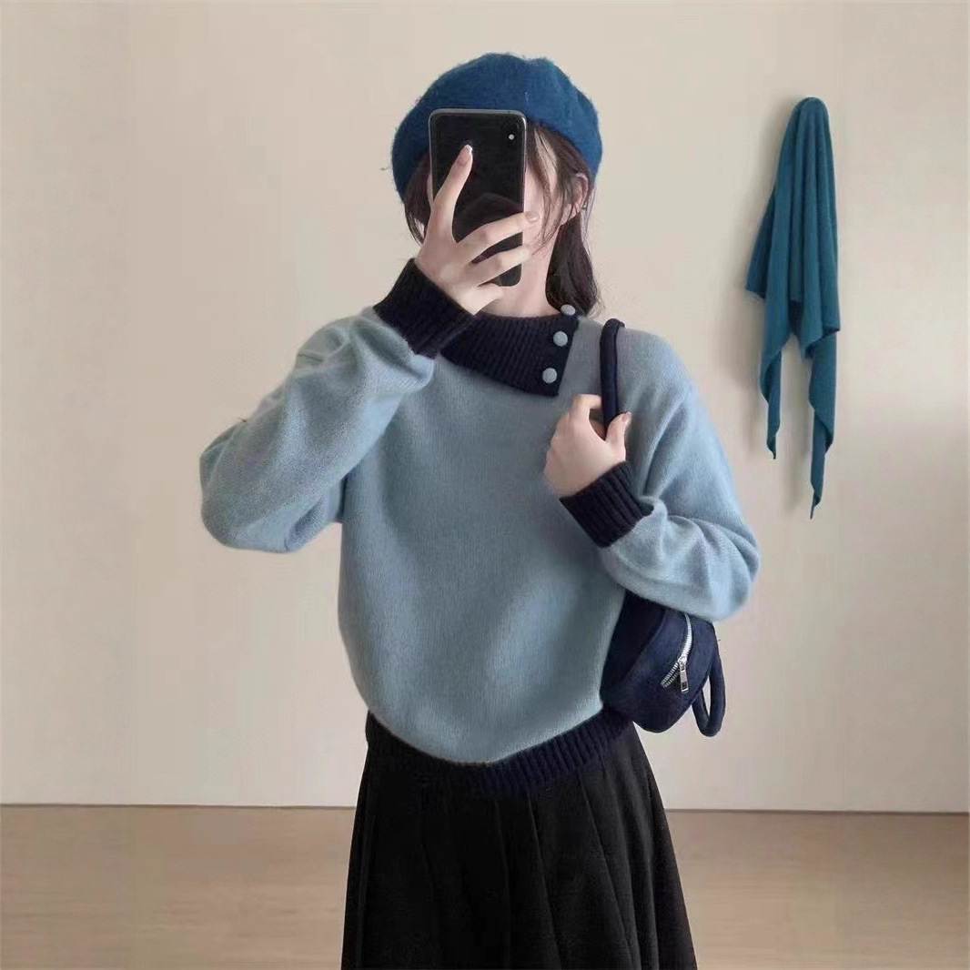 Suéter suelto de polvo de frambuesa glutinosa suave empalmado, mujer otoño-invierno coreano con collar de punto con una gorra elegante