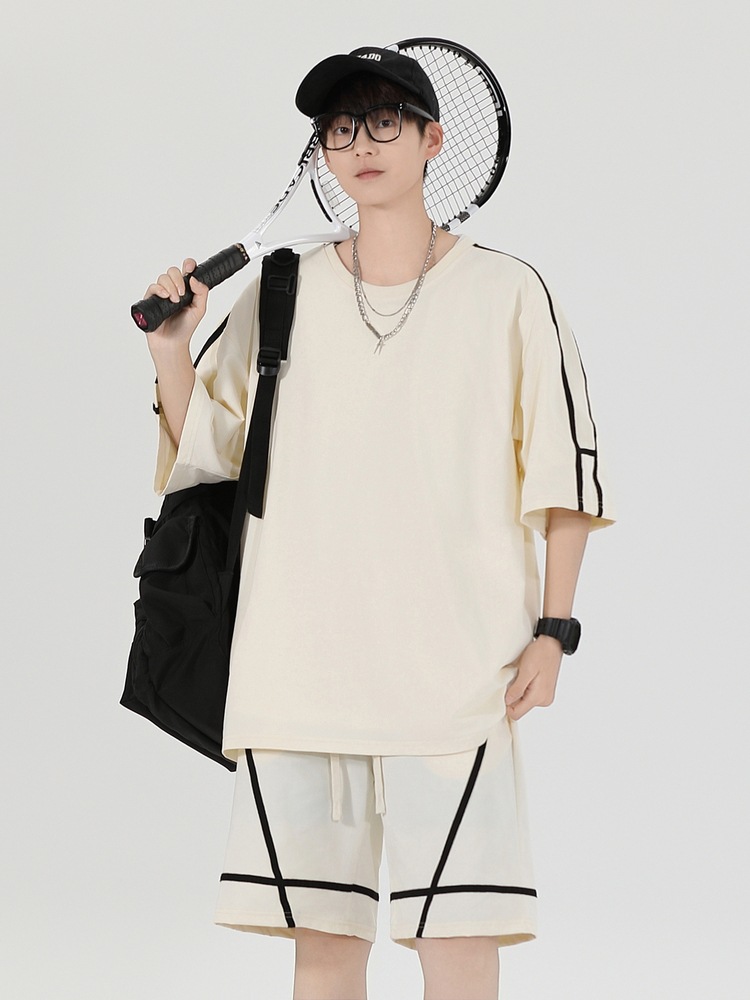 Pantalones cortos de manga corta de dos piezas verano hombres delgados adolescentes guapos niños sueltos camiseta traje de ropa deportiva de marca de moda