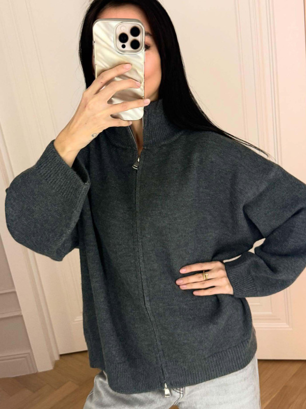 外贸韩版立领双拉链针织开衫女秋冬新款简约风宽松软糯毛衣外套潮|undefined